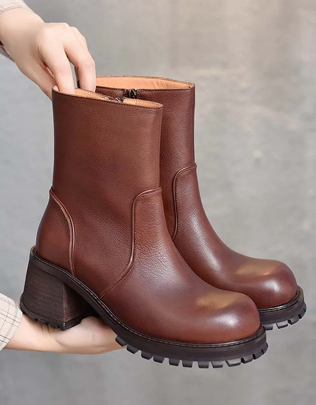 Non-slip Real Leather Chunky Boots