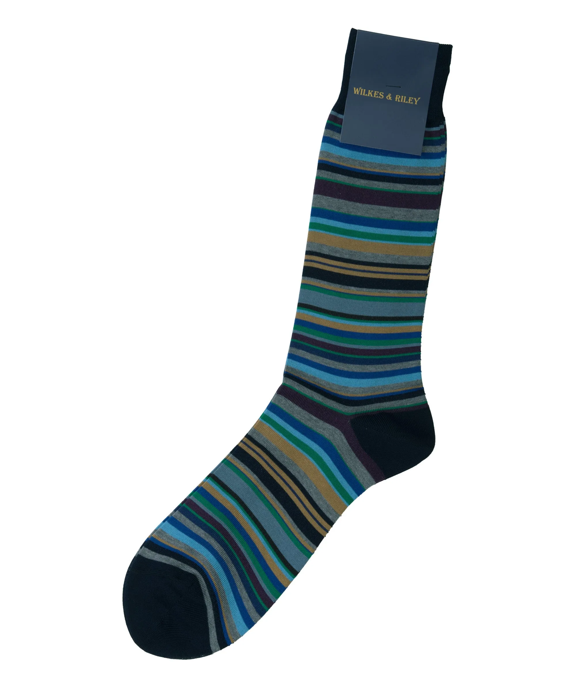 Plum, Grey, Gold, Blue Multi Stripe Cotton - Mid Calf