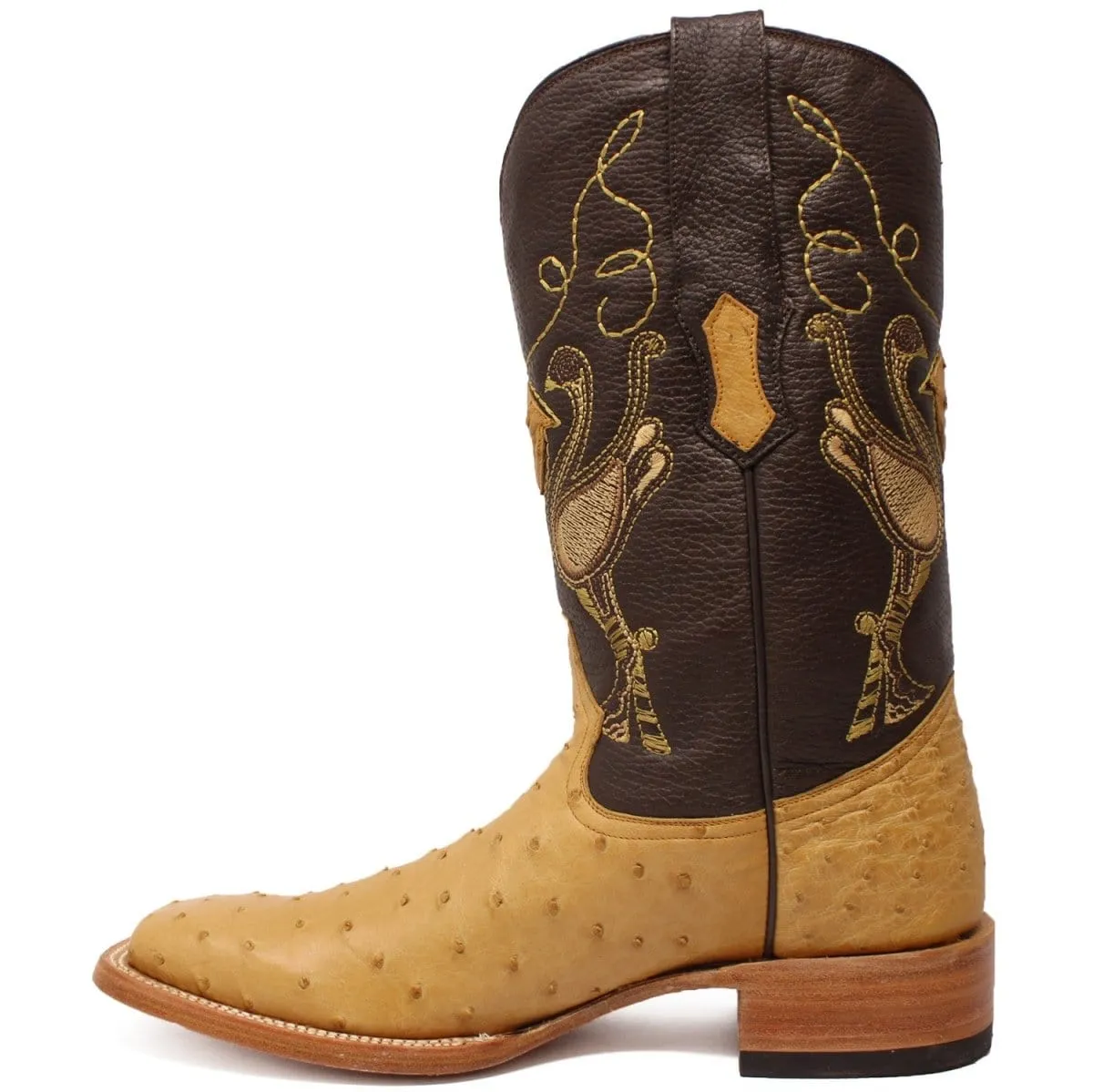 Tanner Mark Men's Genuine Full Quill Ostrich Square Toe Boots Antique Saddle TMX100154