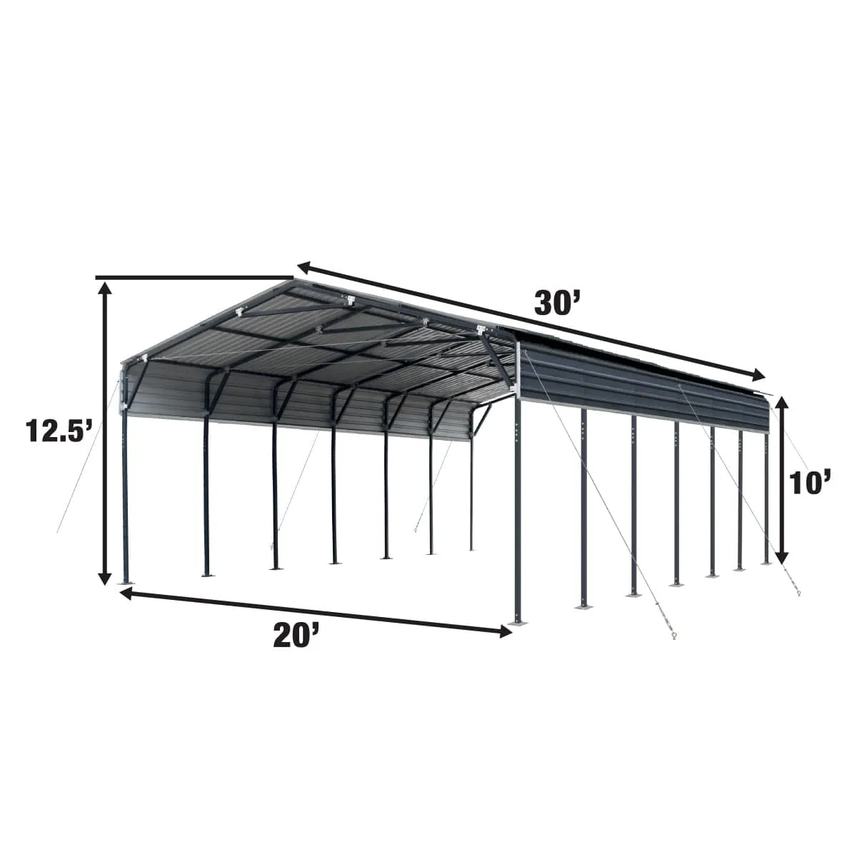 TMG Industrial 20’ x 30’ Metal Shed Carport, 10’ Open Sidewalls, 600 Sq-Ft, 27 GA Corrugated Panels, TMG-MSC2030