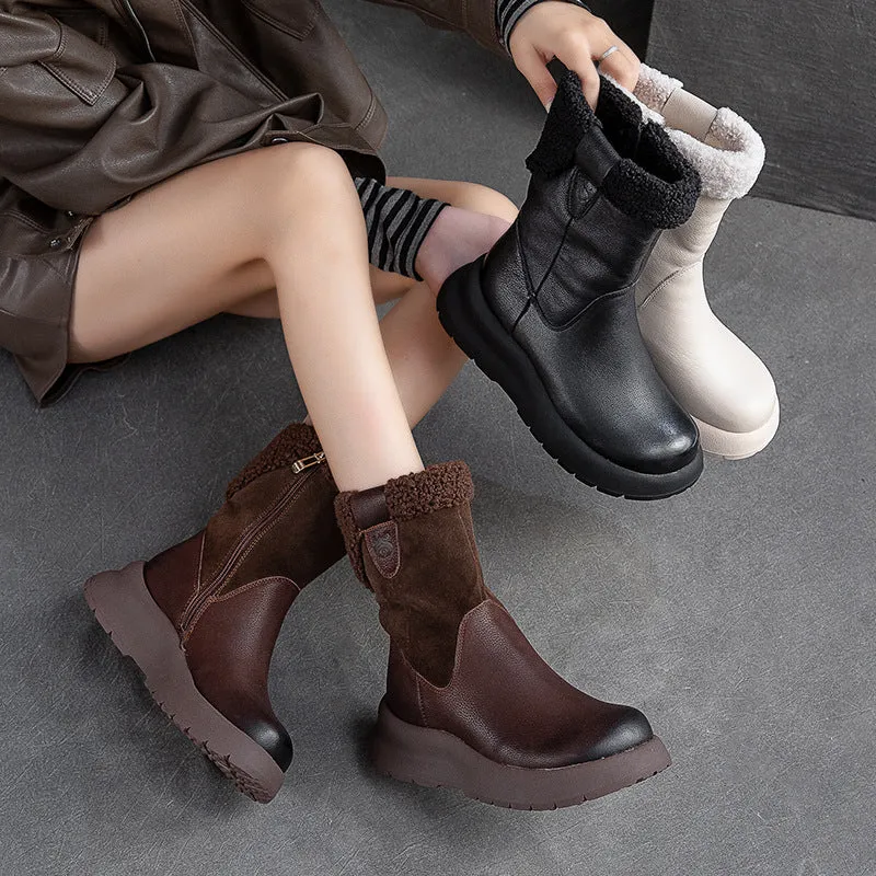 Women Retro Patchwork Leather Furred Snow Boots