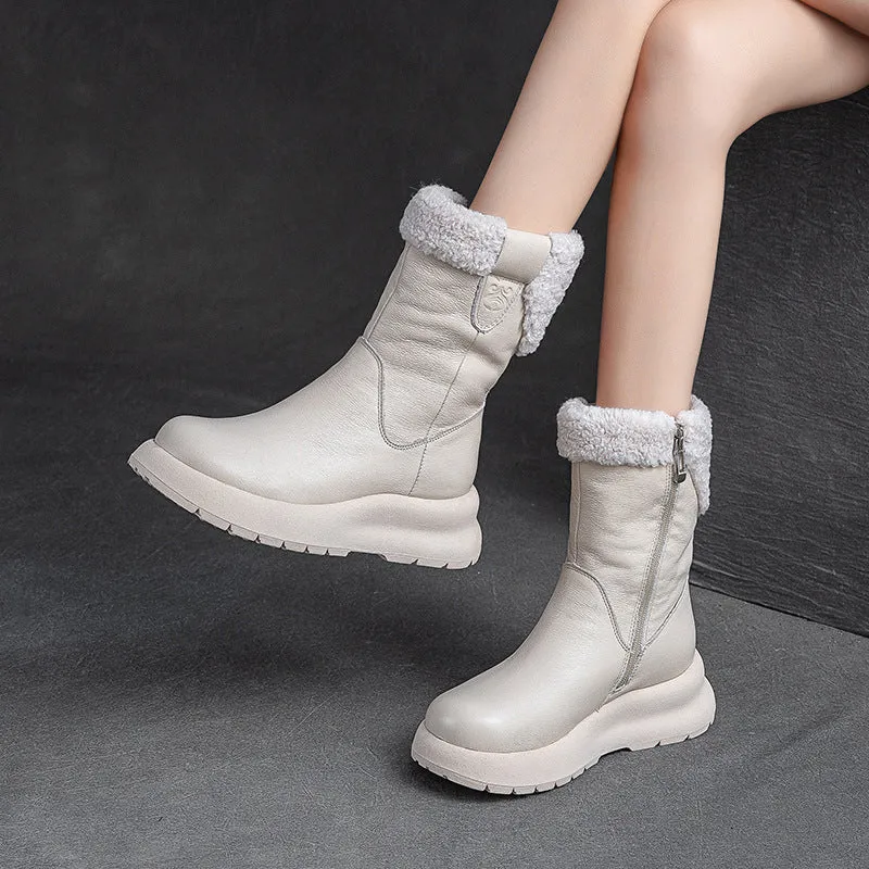 Women Retro Patchwork Leather Furred Snow Boots